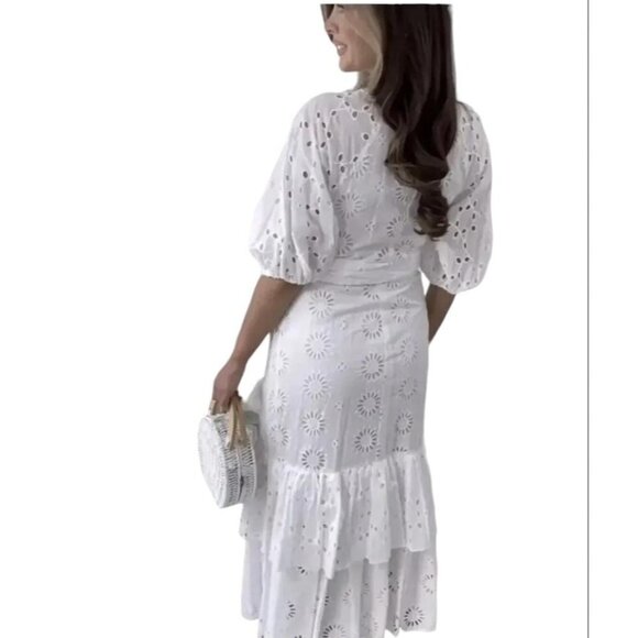 ZARA EMBROIDERED DRESS WITH STRING BELT IN OYSTER WHITE SUMMER WHITE SIZE S 2796 - Picture 3 of 4